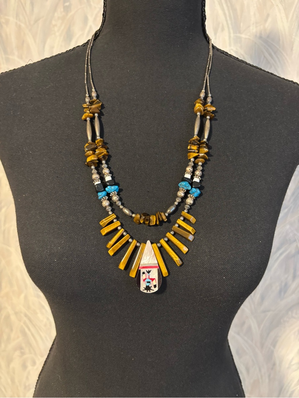 Vintage Native Outpost Brown Tiger Eye, Onyx & Turquoise Inlay Kachina Necklace